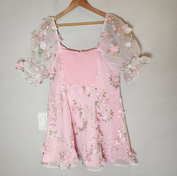 Sugar Thrillz 3D Floral Pink Green Puff Sleeve Mini Dress Size 1X Fairy Coquette - Picture 14 of 16